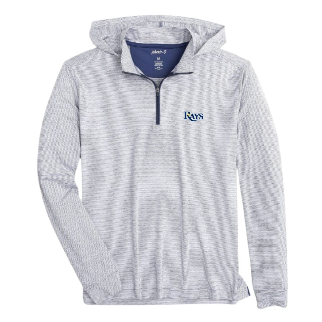 Rays Johnnie O Blue and White Striped Wordmark Hybrid 1/4 Zip Hoodie