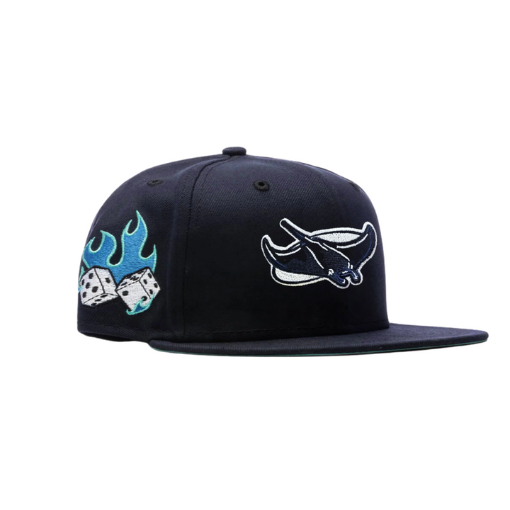 Rays New Era Navy Feature Flaming Dice Alt Logo 59Fifty Fitted Hat