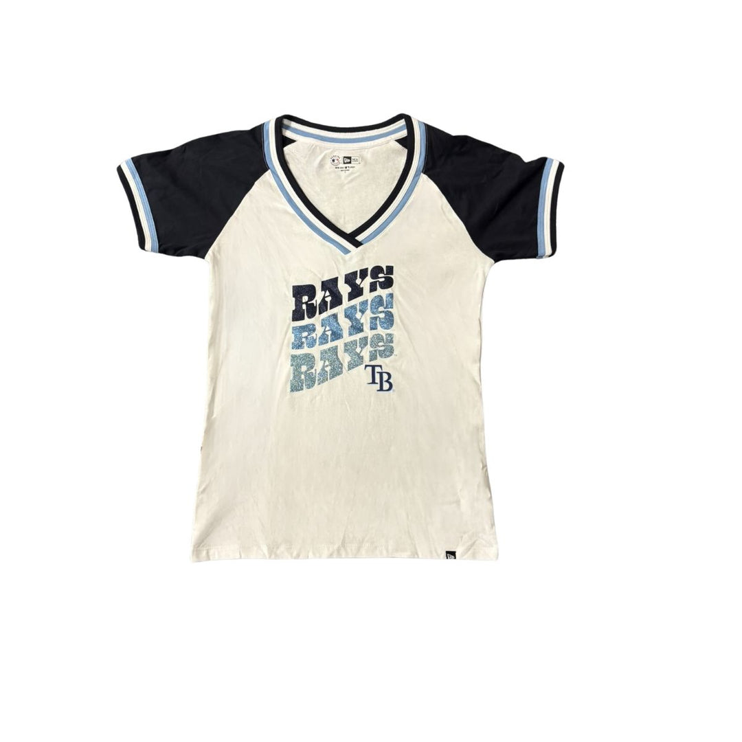 Rays Women's New Era White Blue V-Neck Raglan T-Shirt