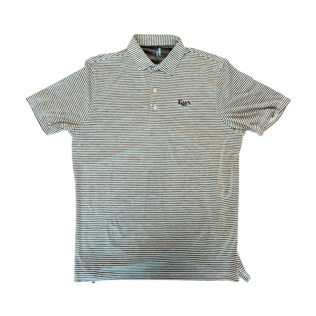 Rays Men's Johnnie-O White Navy Striped Wordmark Polo Shirt