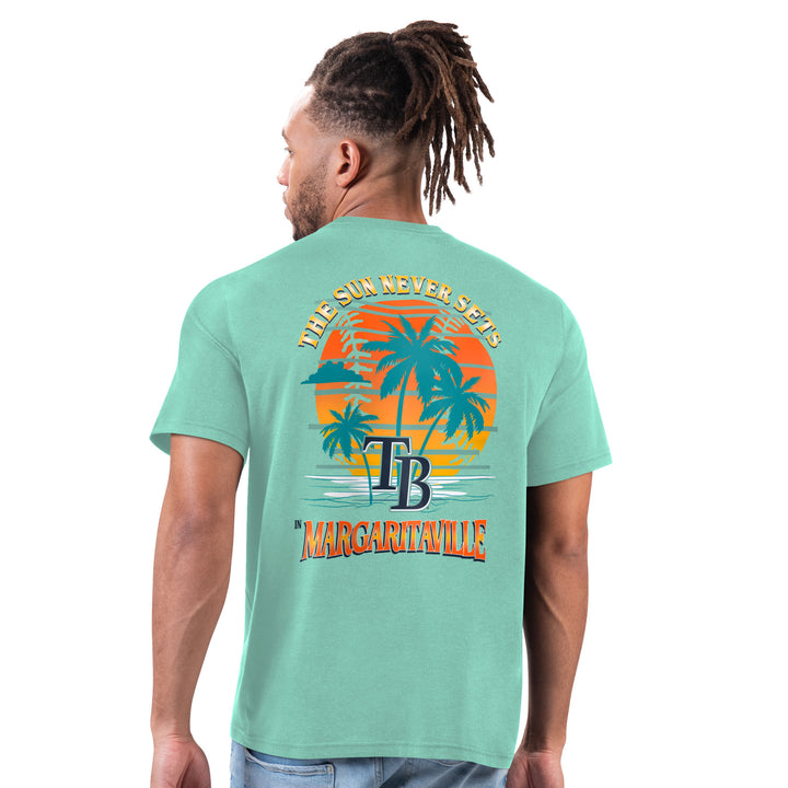 Rays Men's Margaritaville Seafoam Green THE SUN NEVER SETS T-Shirt
