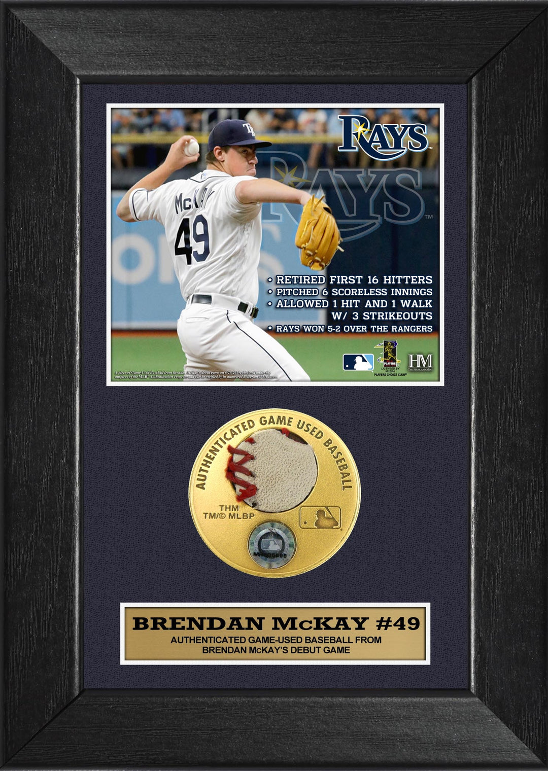 Rays Brendan McKay Authentic Debut Game-Used Baseball Piece 5x7 Display