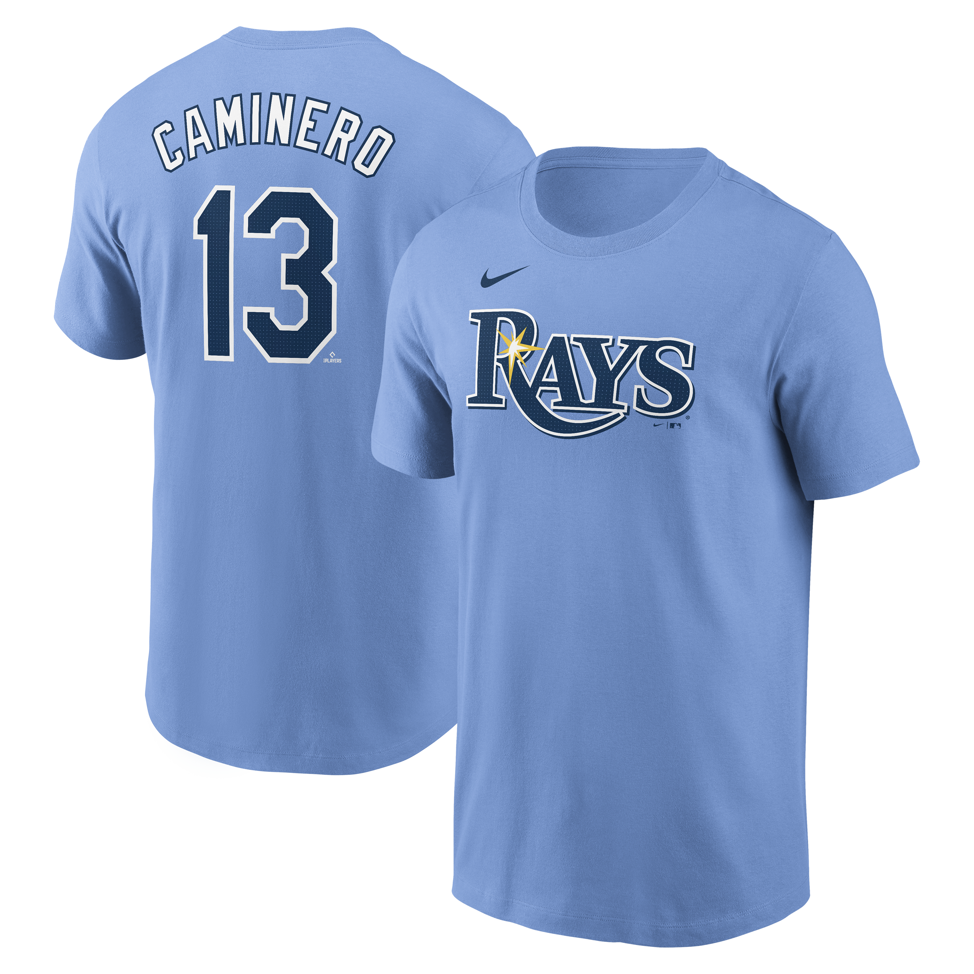 Rays Nike Columbia Blue Junior Caminero 2024 Name and Number T