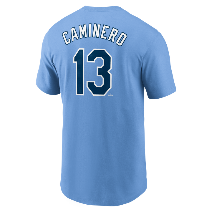 Rays Nike Columbia Blue Junior Caminero Name and Number T-Shirt
