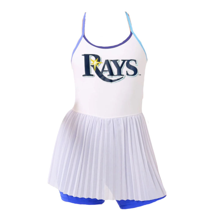 Rays Women's TEREZ White and Blue Wordmark Mesh Layover Tennis Dress