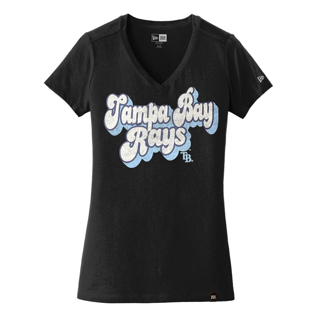 Rays Women's New Era Navy Tampa Bay Script Faded Wash V Neck T-Shirt