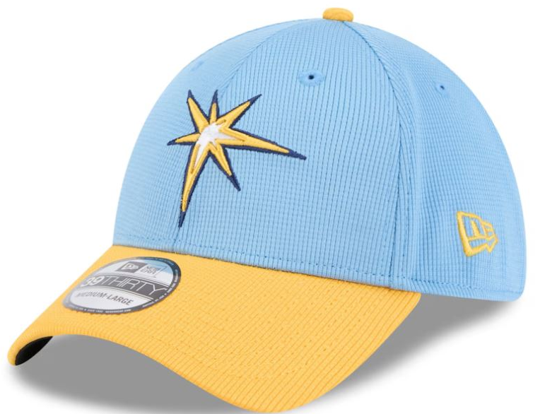 Rays New Era Light Blue/Yellow Burst 2025 On-Field 39Thirty Flex Fit Hat