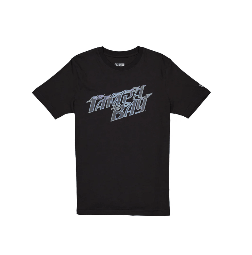 Rays Men's New Era Black City Connect Flames Wordmark T-Shirt