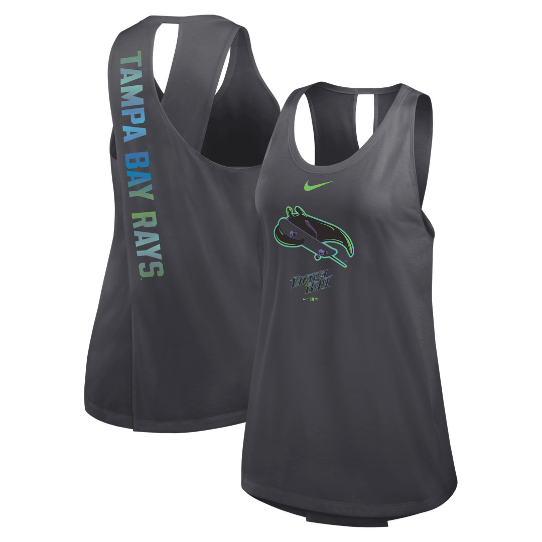 Rays Women's Nike Charcoal Grey City Connect Skateboard Tampa Bay Dri Fit Cross Tank Top - The Bay Republic | Team Store of the Tampa Bay Rays & Rowdies