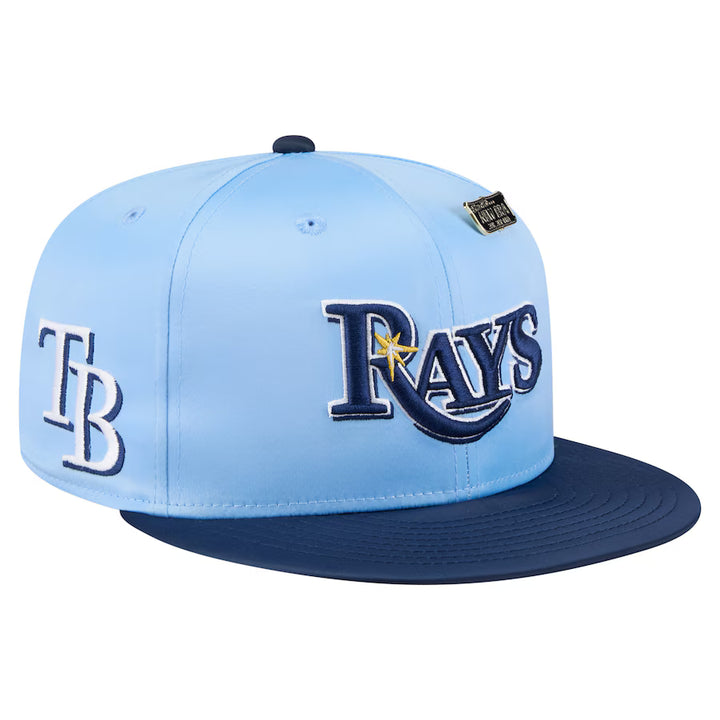 Rays New Era Sky Blue Navy Satin 59Fifty Fitted Hat