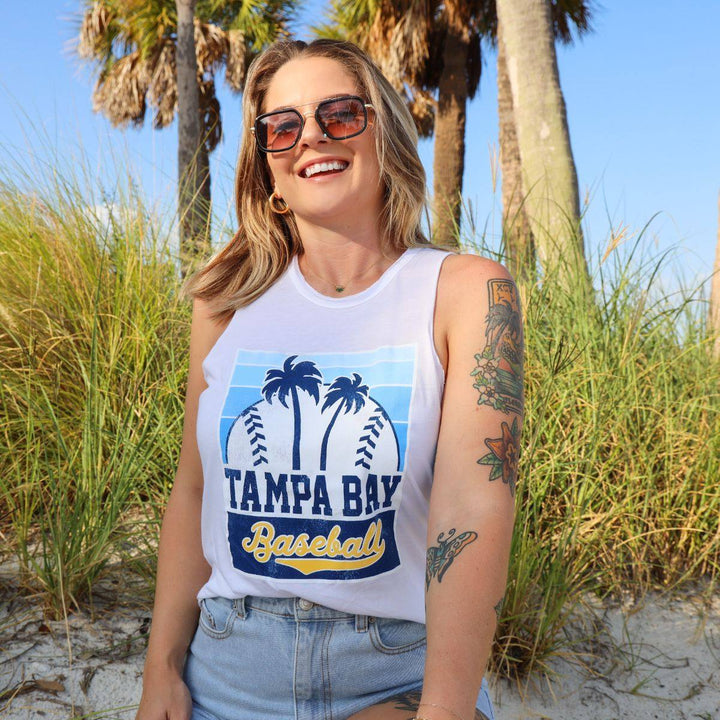 WOMEN'S WHITE TAMPA BAY BASEBALL PALM TREES SPORTIQE TANK TOP - The Bay Republic | Team Store of the Tampa Bay Rays & Rowdies