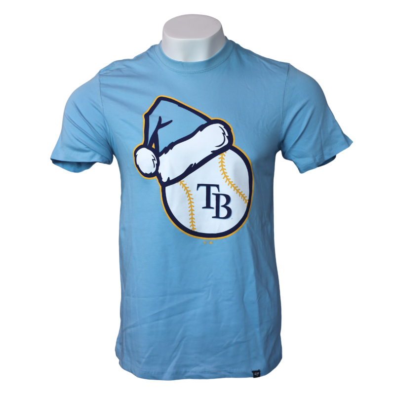 RAYS MEN'S LIGHT BLUE BASEBALL WITH SANTA HAT T-SHIRT