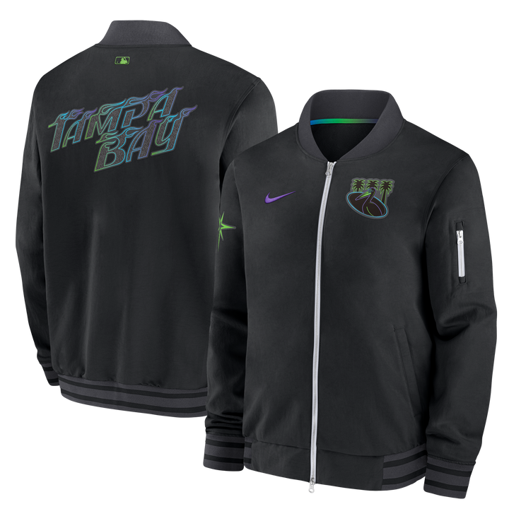 Rays Men's Nike Black City Connect Pelican Bomber Jacket