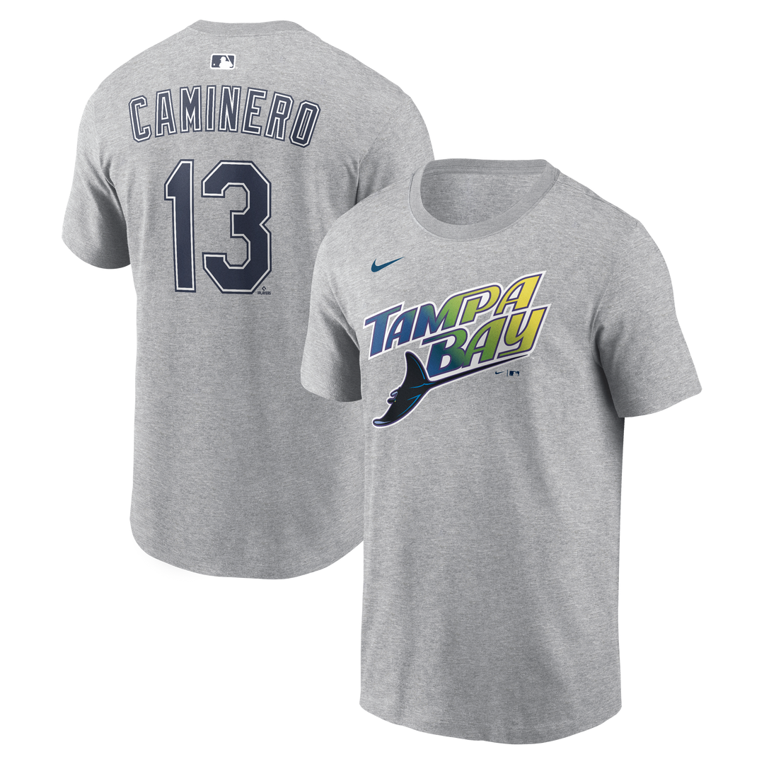 Rays Men's Nike Road Gray Junior Caminero Name and Number Tee