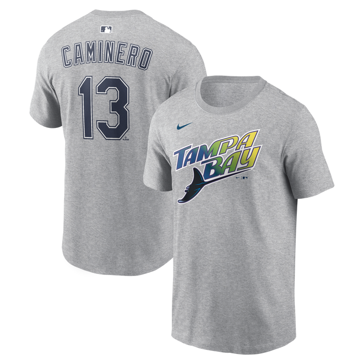Rays Men's Nike Road Gray Junior Caminero Name and Number Tee
