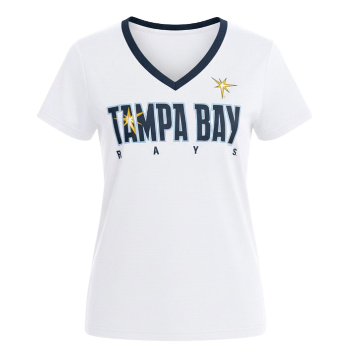 Rays Women's GIII White Tampa Bay Burst V Neck Tee