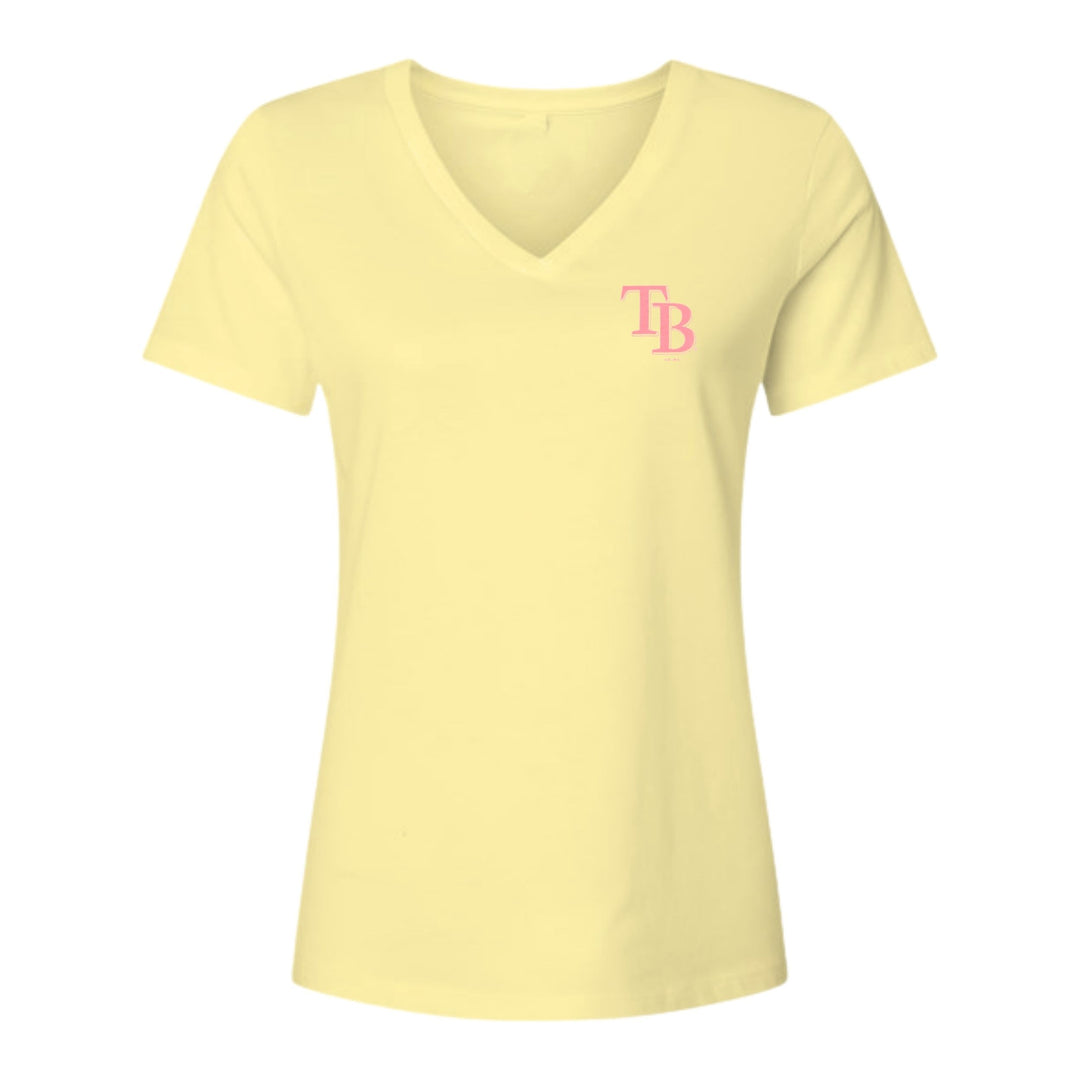 Rays Women's Margaritaville Yellow TB Surfboard on Back V-Neck T-Shirt