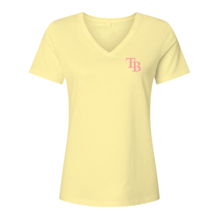Rays Women's Margaritaville Yellow TB Surfboard on Back V-Neck T-Shirt
