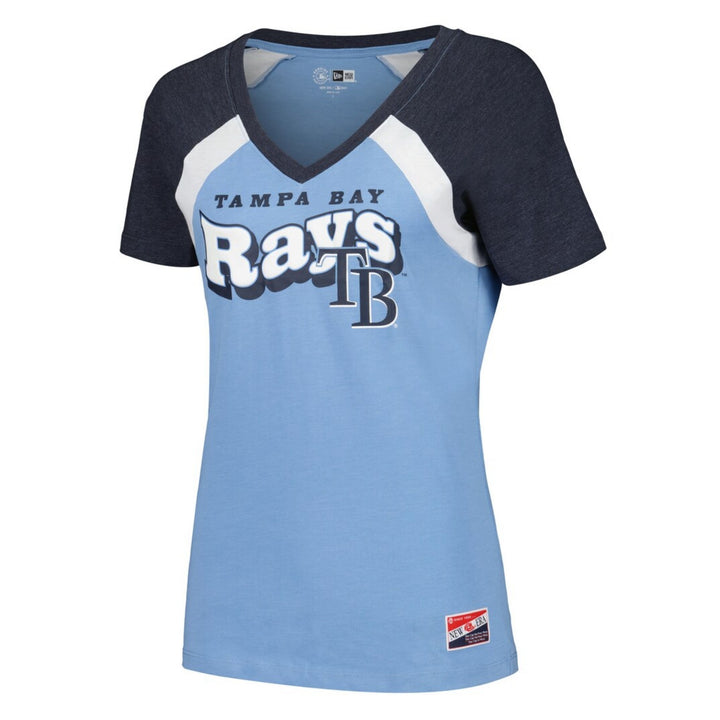 Rays Women's New Era Blue Grey Raglan Puff Print V-Neck T-Shirt