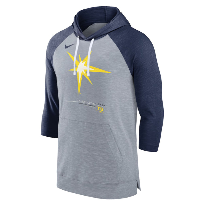 Rays Men's Nike Baseball Grey Navy Raglan Burst 3/4-Sleeve Pullover Hoodie
