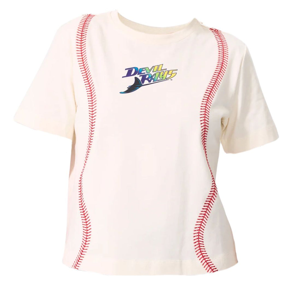 Rays TEREZ Women's Devil Rays Wordmark Cream Baseball Stitch Tee