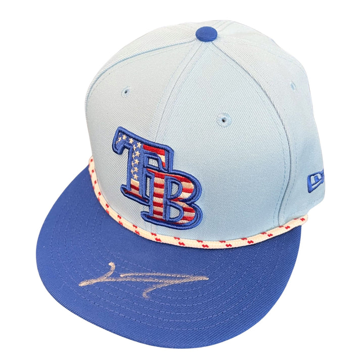 Rays Junior Caminero Game Used Authentic Autographed Fourth of July Hat