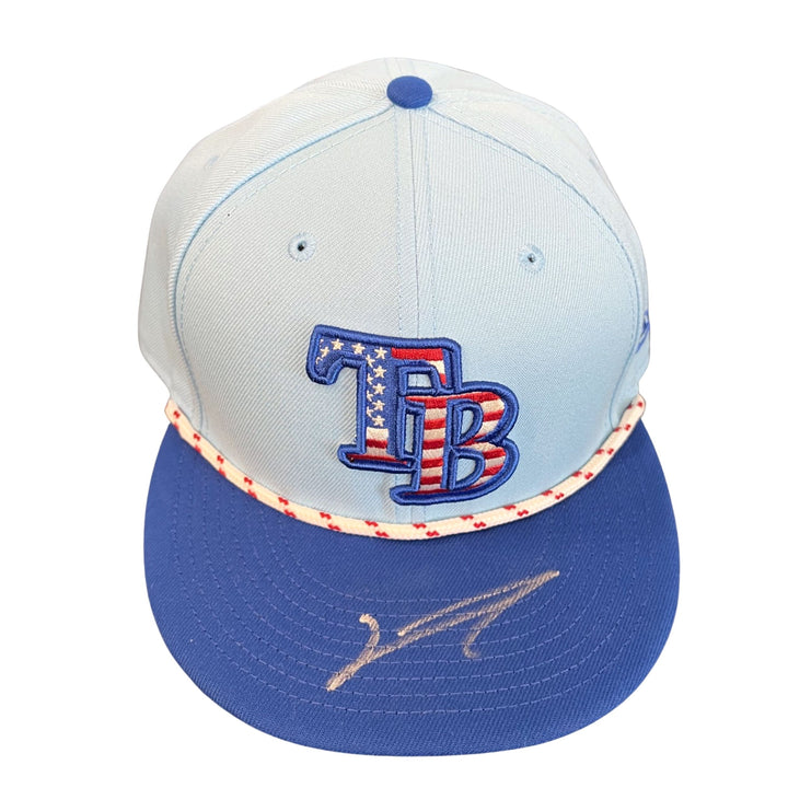 Rays Junior Caminero Game Used Authentic Autographed Fourth of July Hat