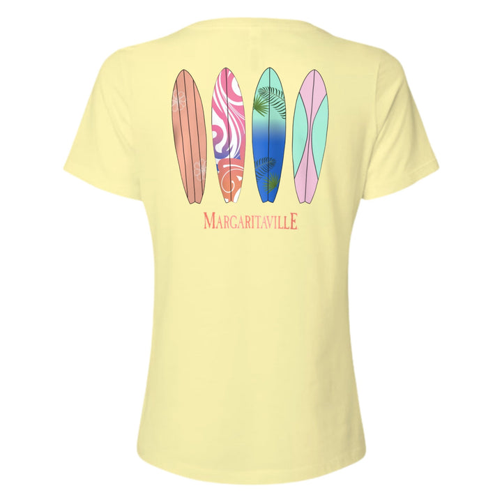 Rays Women's Margaritaville Yellow TB Surfboard on Back V-Neck T-Shirt
