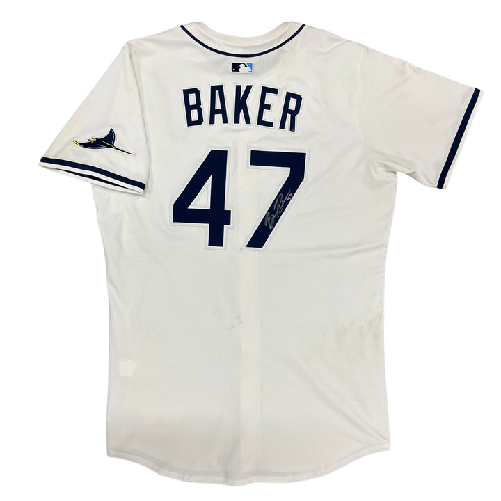 Rays Bryan Baker Game Used Authentic Autographed White Jersey