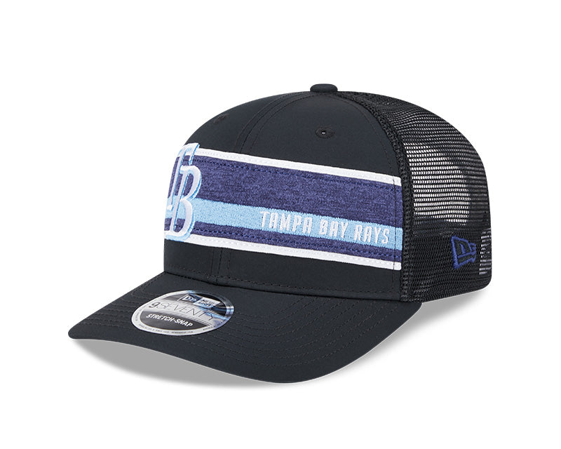 Rays New Era Black TB Stripes 9SEVENTY Stretch-Snap Trucker Hat