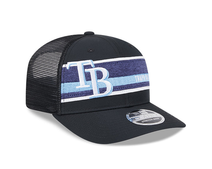 Rays New Era Black TB Stripes 9SEVENTY Stretch-Snap Trucker Hat