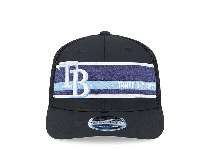 Rays New Era Black TB Stripes 9SEVENTY Stretch-Snap Trucker Hat