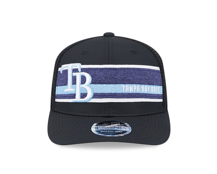 Rays New Era Black TB Stripes 9SEVENTY Stretch-Snap Trucker Hat
