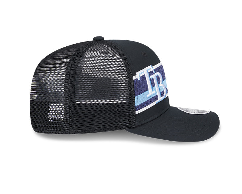 Rays New Era Black TB Stripes 9SEVENTY Stretch-Snap Trucker Hat