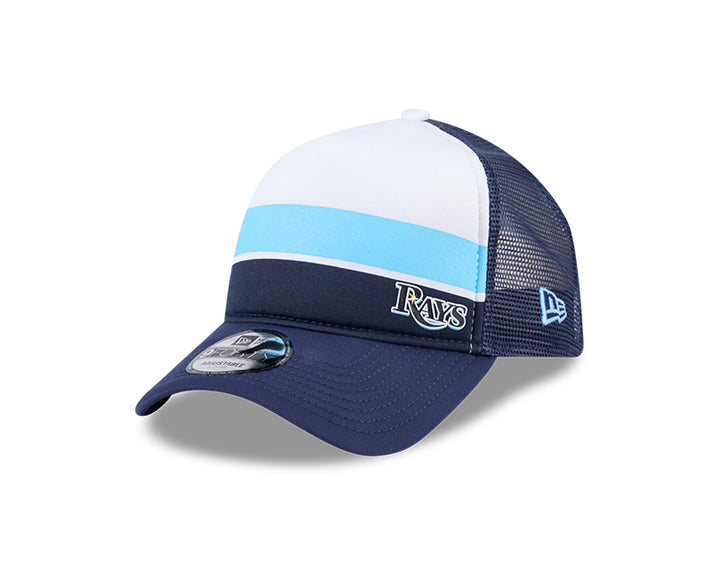 Rays New Era Navy White Striped 9Forty A-Frame Snapback Trucker Hat