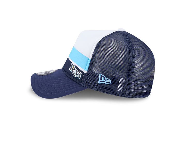 Rays New Era Navy White Striped 9Forty A-Frame Snapback Trucker Hat