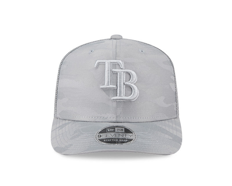 Rays New Era Canvas Grey Camo TB 9SEVENTY Stretch-Snap Trucker Hat