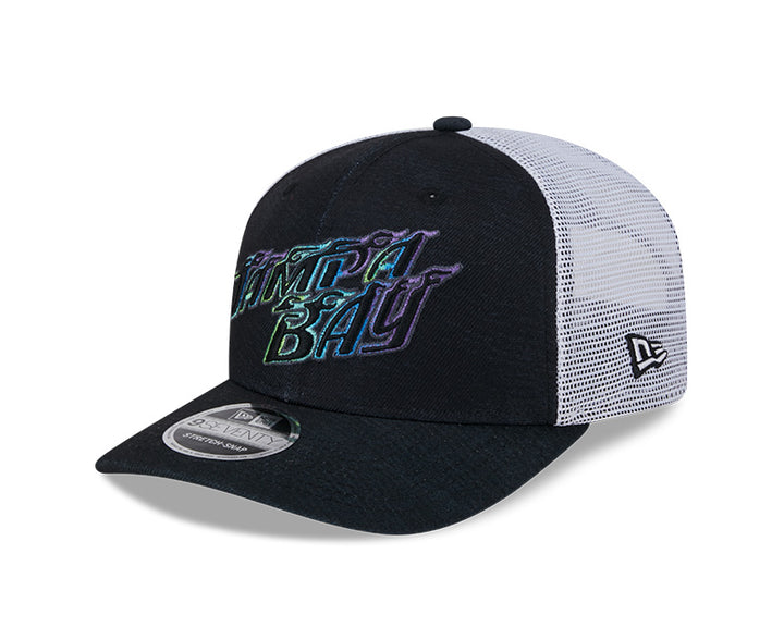 Rays New Era City Connect Black White Flames 9SEVENTY Stretch-Snap Trucker Hat