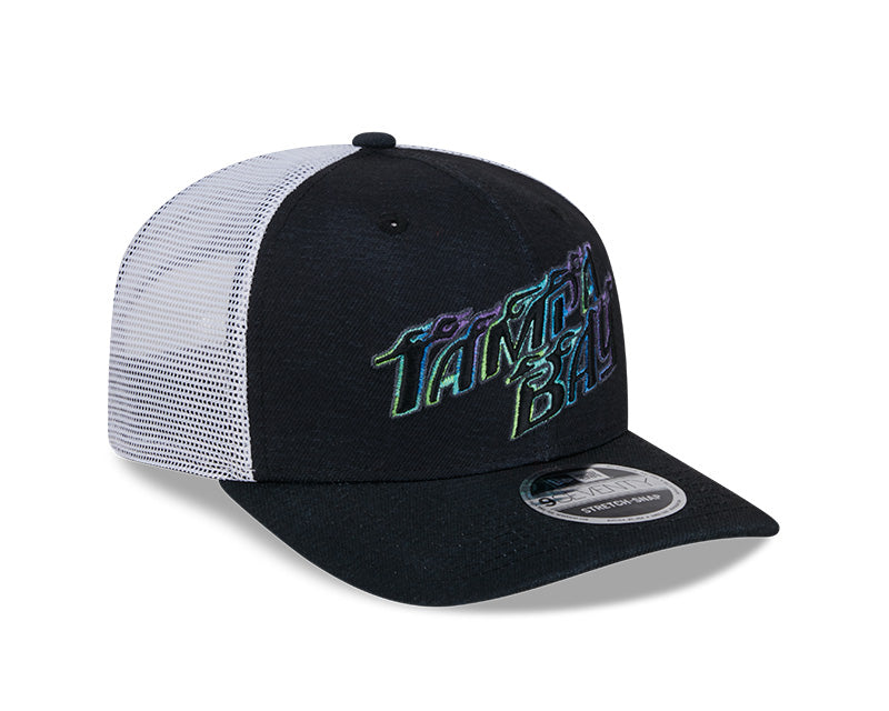 Rays New Era City Connect Black White Flames 9SEVENTY Stretch-Snap Trucker Hat