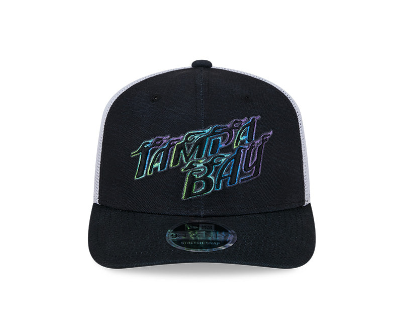 Rays New Era City Connect Black White Flames 9SEVENTY Stretch-Snap Trucker Hat