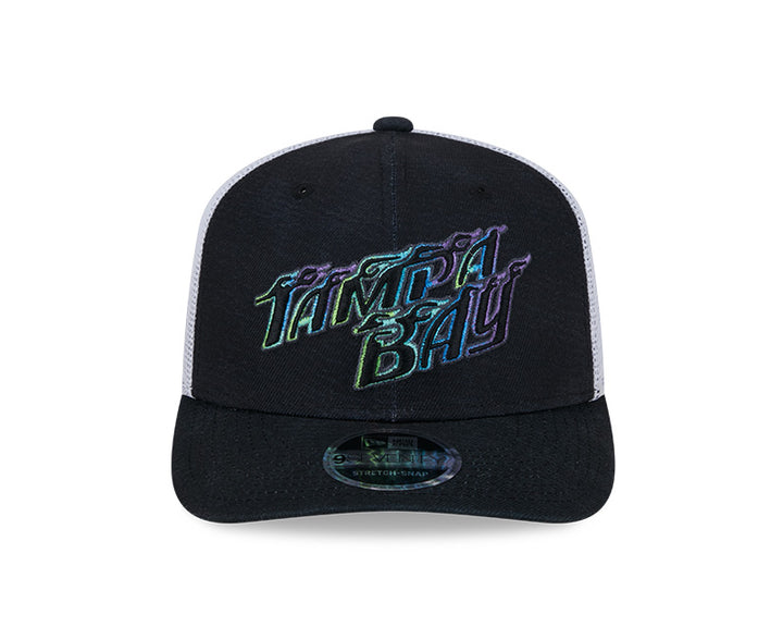 Rays New Era City Connect Black White Flames 9SEVENTY Stretch-Snap Trucker Hat