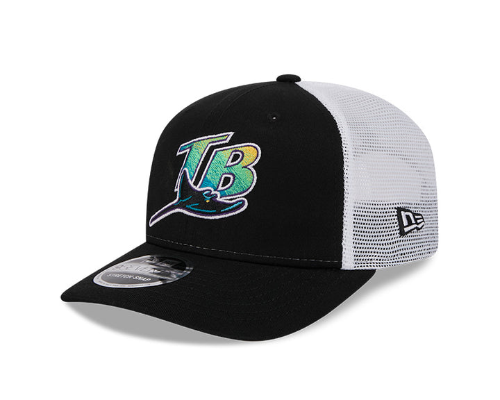 Rays New Era Devil Rays Black White TB Coop 9SEVENTY Stretch-Snap Trucker Hat