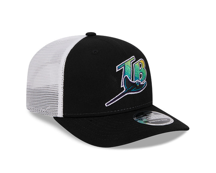 Rays New Era Devil Rays Black White TB Coop 9SEVENTY Stretch-Snap Trucker Hat
