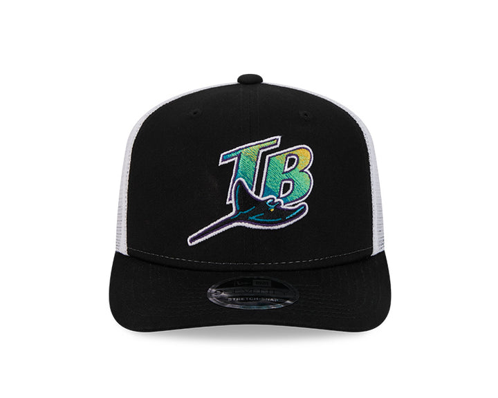 Rays New Era Devil Rays Black White TB Coop 9SEVENTY Stretch-Snap Trucker Hat