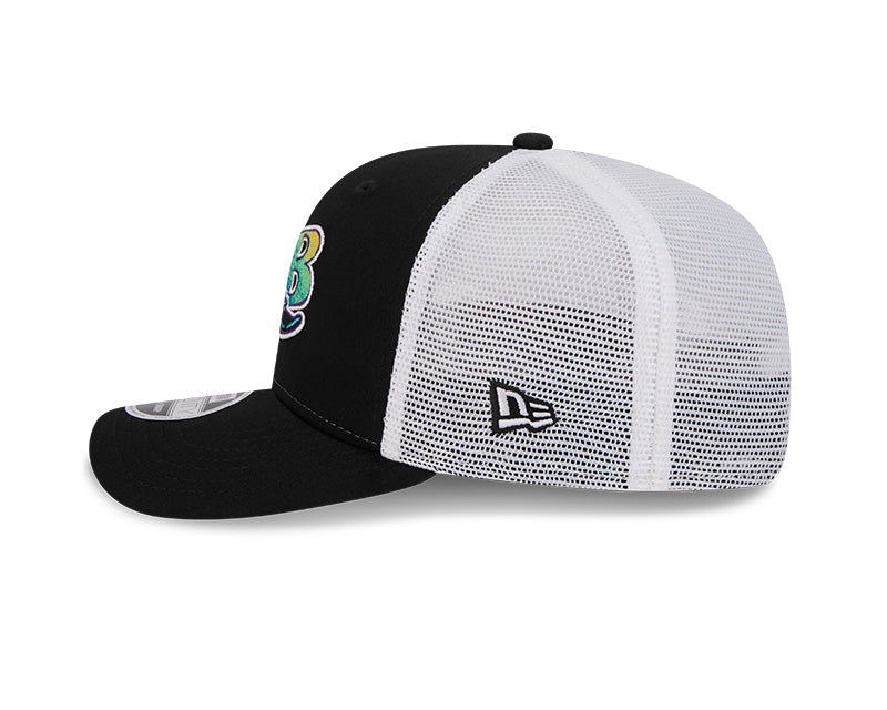 Rays New Era Devil Rays Black White TB Coop 9SEVENTY Stretch-Snap Trucker Hat