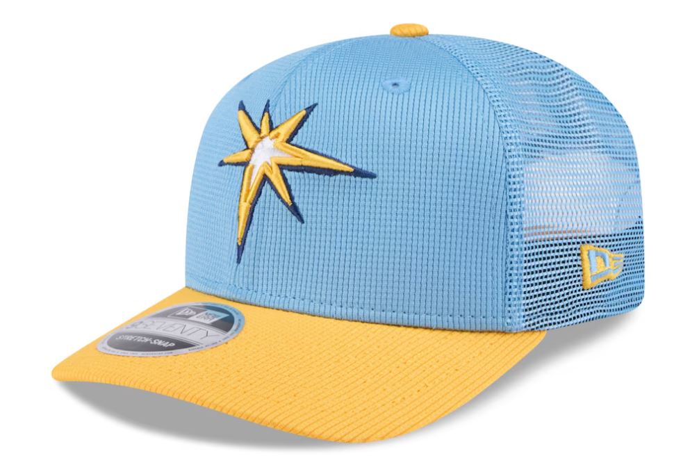 Rays New Era Light Blue/Yellow Burst Spring Training 2025 9Seventy Trucker Stretch-Snap Hat