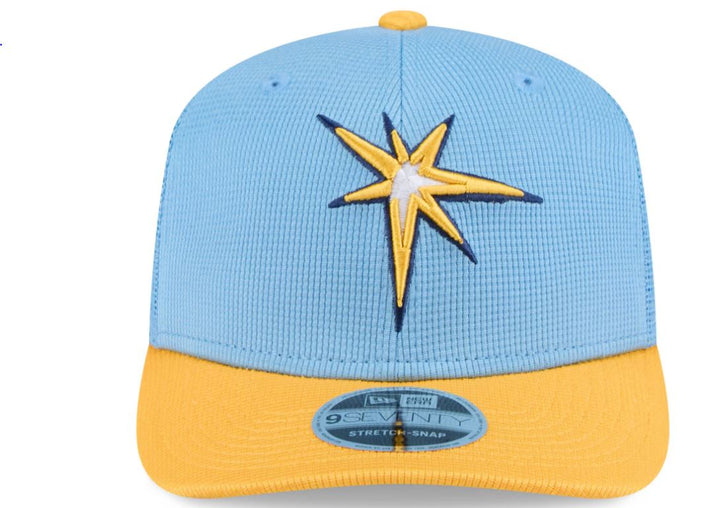 Rays New Era Light Blue/Yellow Burst Spring Training 2025 9Seventy Trucker Stretch-Snap Hat