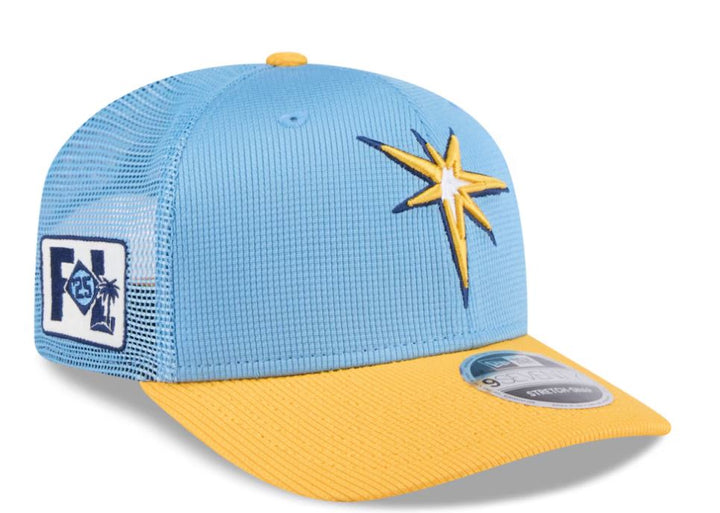 Rays New Era Light Blue/Yellow Burst Spring Training 2025 9Seventy Trucker Stretch-Snap Hat