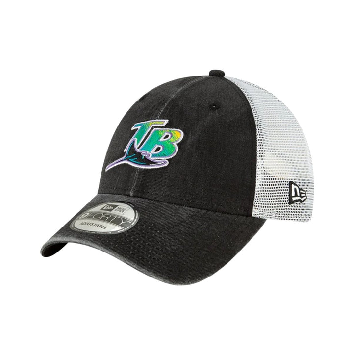 Rays New Era Black White TB Coop 9Forty Snapback Trucker Hat