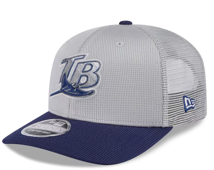 Rays New Era 2025 Grey Navy Batting Practice 9Seventy Trucker Stretch-Snap Hat